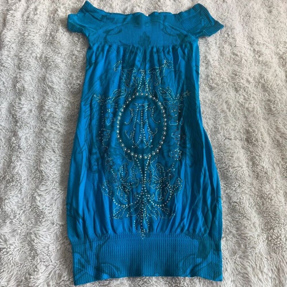 Y2K Blue Rhinestone Off Shoulder Top Size S/M Grunge Mini Dress